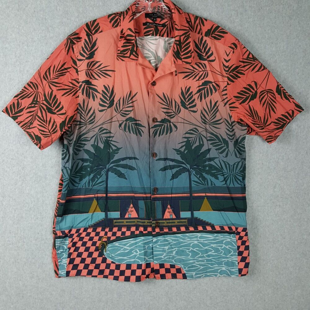 Ted Baker London Men’s Short Sleeve Button Up Palm Shirt Size 5 Multi Color